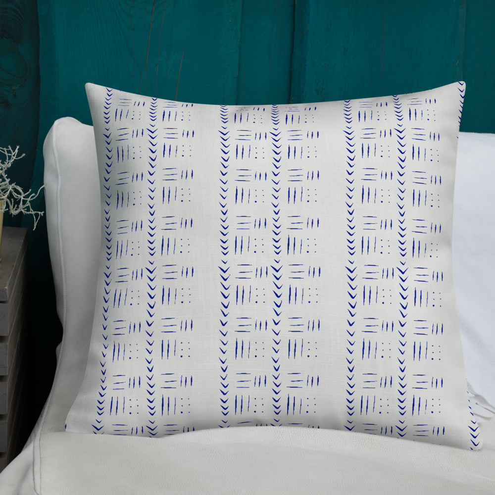 Tribal inspired blue and white pillow