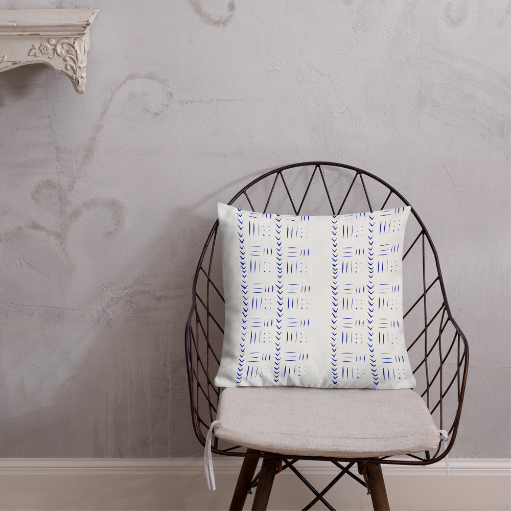 Tribal inspired blue and white pillow