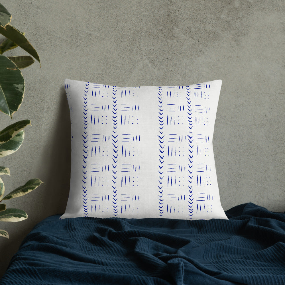 Tribal inspired blue and white pillow