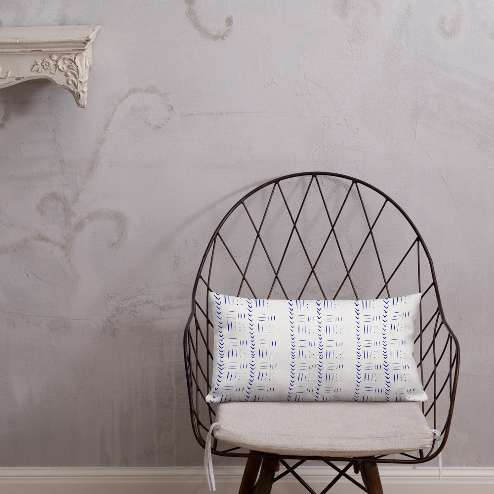 Tribal inspired blue and white pillow