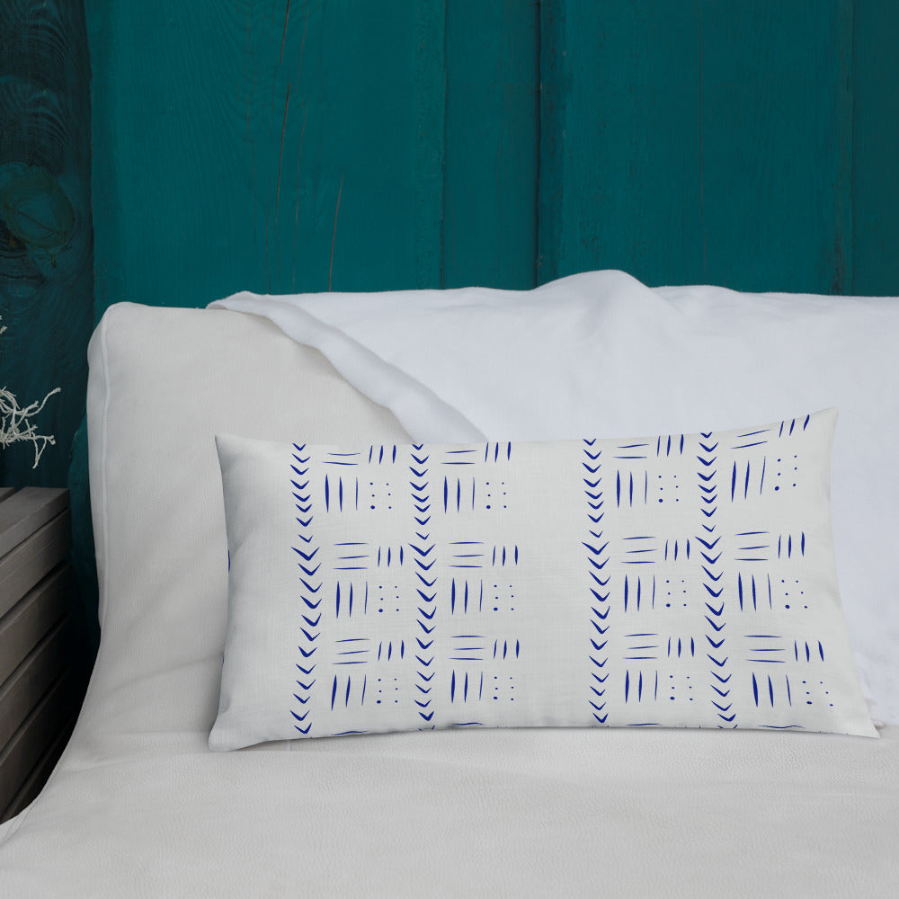 Tribal inspired blue and white pillow