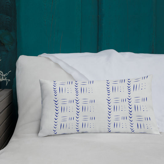Tribal inspired blue and white pillow